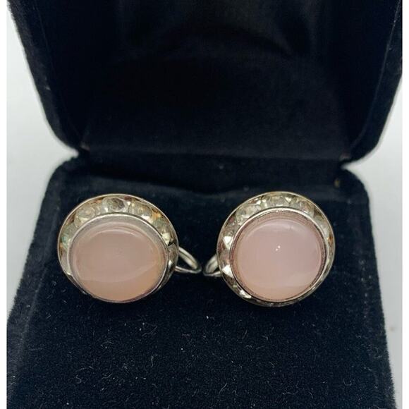 Vintage Coro Faux Pink Moonstone And Rhinestone Screw Back Earrings Signed - Picture 1 of 3